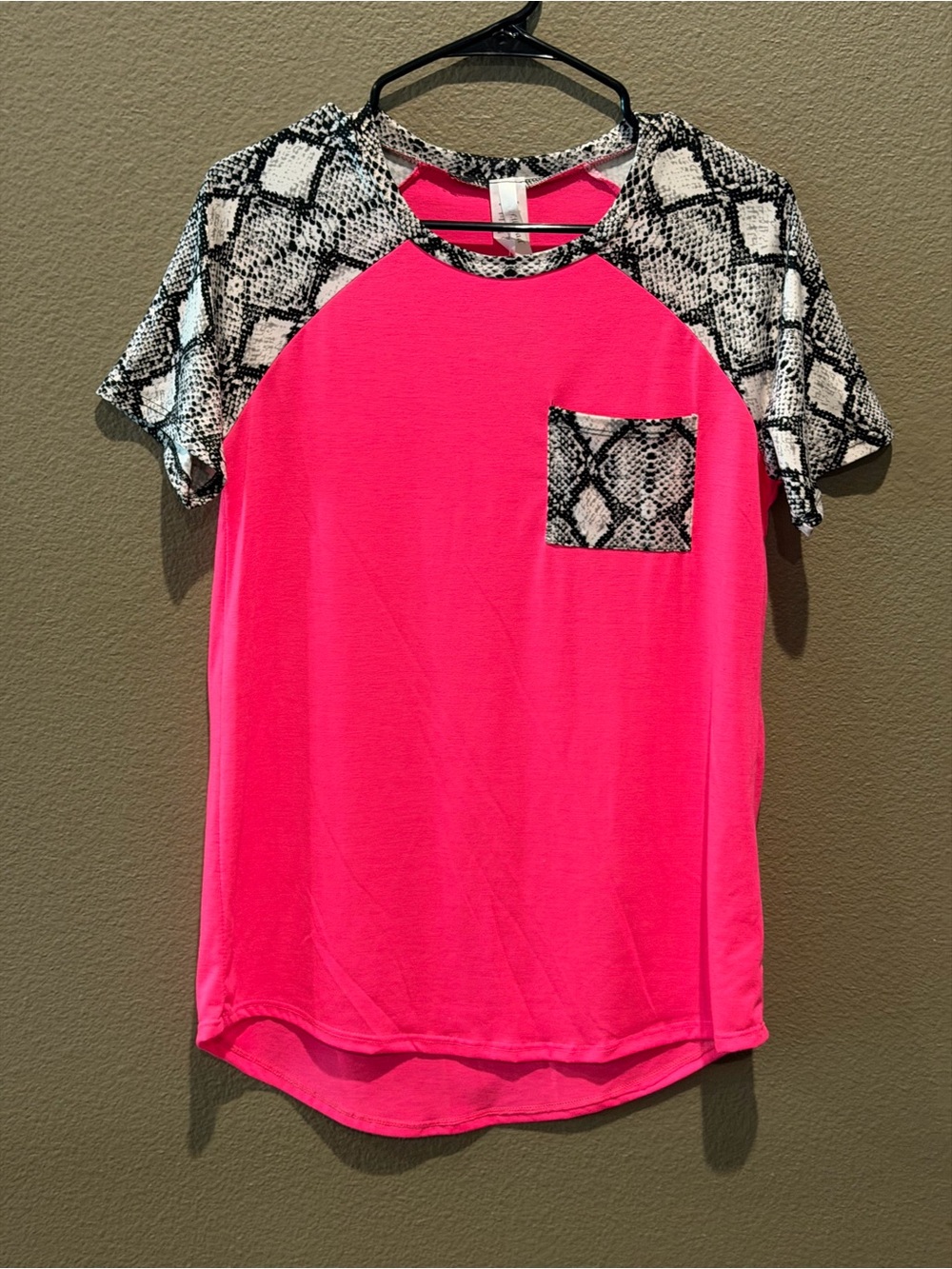 Hot Pink Tee with Snake-Print Sleeves and Pocket